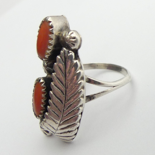 99 - Native American sterling silver and coral ring, 6.2 grams, size O. UK Postage £12.