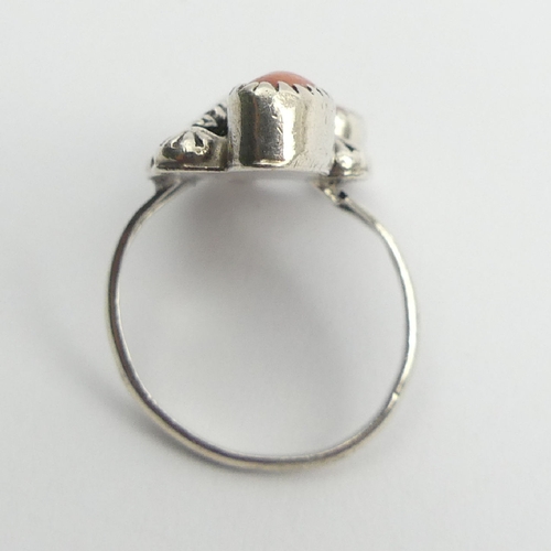 99 - Native American sterling silver and coral ring, 6.2 grams, size O. UK Postage £12.