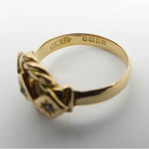 101 - 18ct gold diamond set knot ring, London 1918, 4.5 grams, 10.6mm, size L. UK Postage £12.