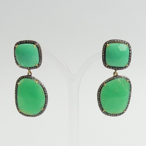 102B - A pair of gold and silver green agate and diamond drop earrings, 10.7 grams, 42mm. UK Postage £12.