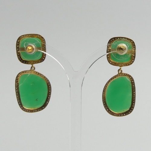 102B - A pair of gold and silver green agate and diamond drop earrings, 10.7 grams, 42mm. UK Postage £12.