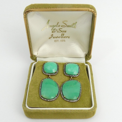 102B - A pair of gold and silver green agate and diamond drop earrings, 10.7 grams, 42mm. UK Postage £12.