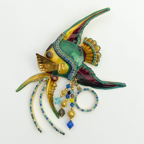 108 - Lunch at the Ritz enamel and crystal angel fish design brooch, 58.6 grams, 13.5 x 9.5cm. UK Postage ... 