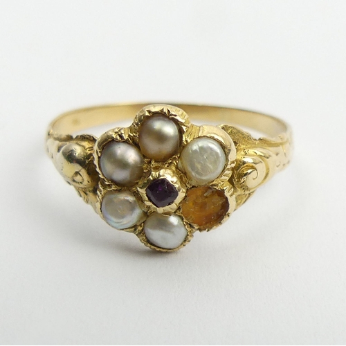 112 - 18ct gold ruby and split pearl ring, 2.1 grams, 10.5mm, size Q1/2.  UK Postage £12.