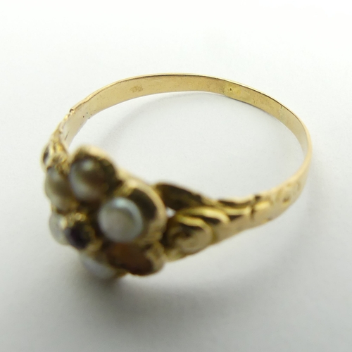 112 - 18ct gold ruby and split pearl ring, 2.1 grams, 10.5mm, size Q1/2.  UK Postage £12.