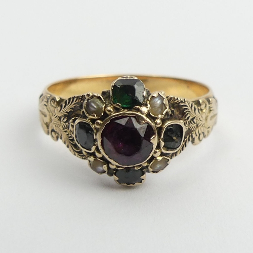 113 - Victorian 15ct garnet and seed pearl ring, London 1874, 2.9 grams, 10.6mm, size M.