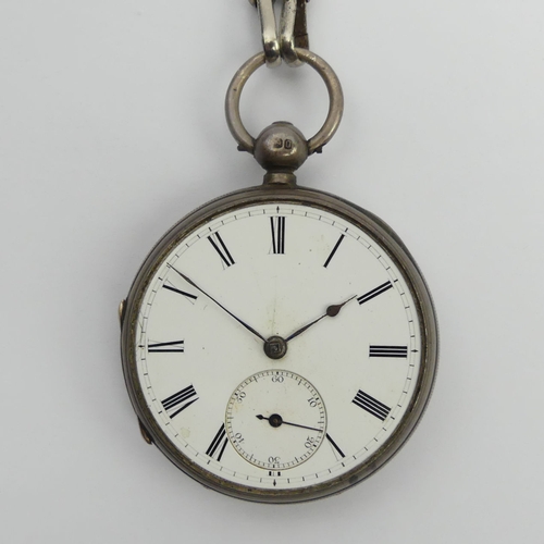 116 - Silver open face pocket watch, London 1929 and a double clip Albert, watch chain, watch 50 x 72mm, U... 