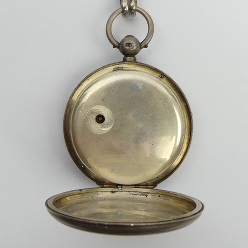 116 - Silver open face pocket watch, London 1929 and a double clip Albert, watch chain, watch 50 x 72mm, U... 