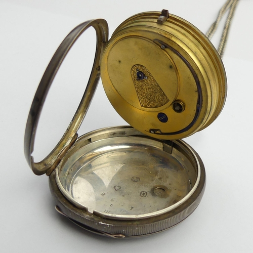 116 - Silver open face pocket watch, London 1929 and a double clip Albert, watch chain, watch 50 x 72mm, U... 