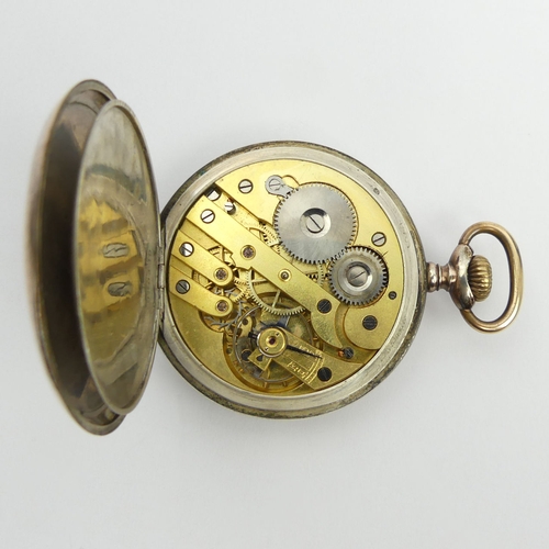 117 - Swiss open face silver top wind pocket watch with gold highlights, 50 x 67 mm. UK Postage £12.