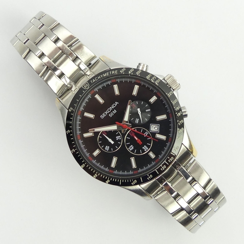 124 - Sekonda black dial stainless steel 50m chrono, 47mm wide inc button. UK Postage £12.