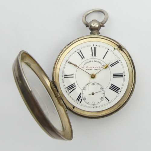 166 - Silver open face, Midland lever, key wind pocket watch, 53 x 75mm. UK Postage £12.