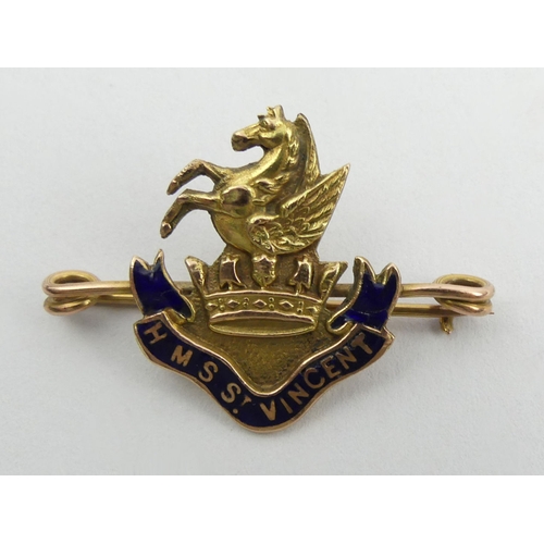 212 - HMS St Vincent Dreadnought battleship 9ct gold and enamel sweetheart brooch. 3.2 grams, 37 x 26mm. U... 