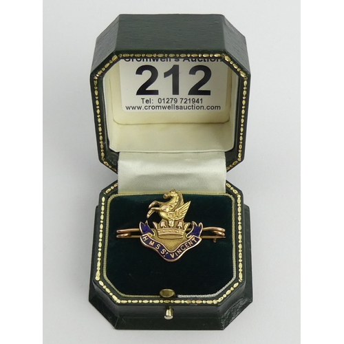 212 - HMS St Vincent Dreadnought battleship 9ct gold and enamel sweetheart brooch. 3.2 grams, 37 x 26mm. U... 