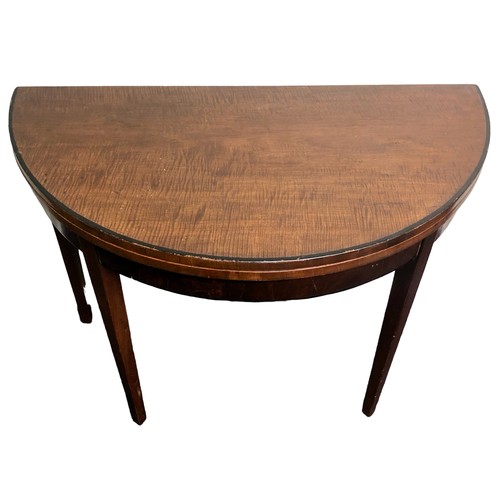 401 - Edwardian mahogany D end fold over card table on tapering legs. 95 x 74 cm. Collection only.