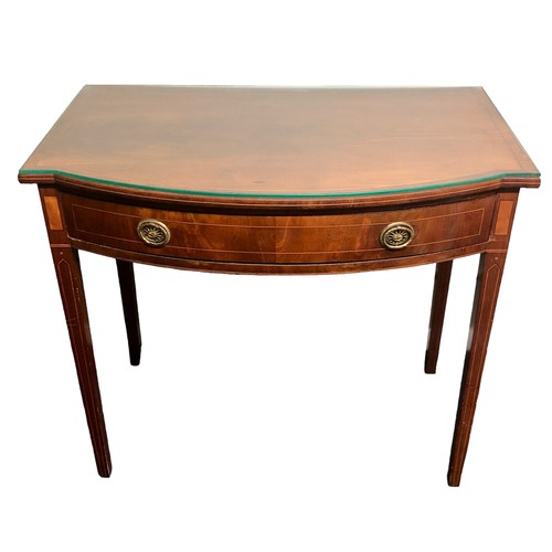 402 - Late Regency bow fronted mahogany inlaid single drawer side table. 88 x 78cm. Collection only