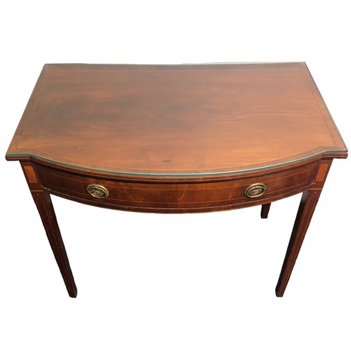 402 - Late Regency bow fronted mahogany inlaid single drawer side table. 88 x 78cm. Collection only