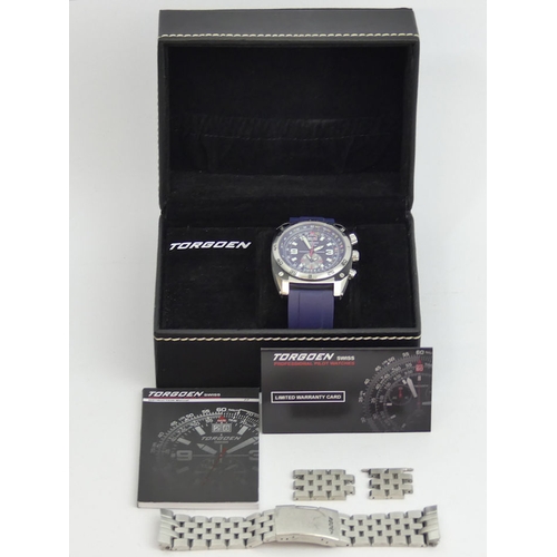 130A - Torgoen Swiss sapphire crystal 10 atm professional pilots watch with a spare stainless steel strap. ... 