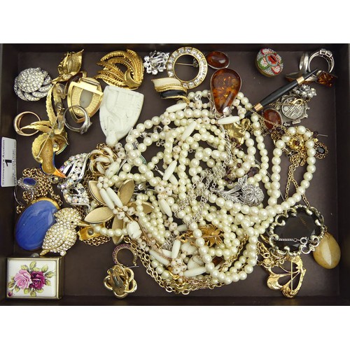 1 - A collection of costume and silver jewellery, including a 15ct gold floral brooch and a gold back an... 