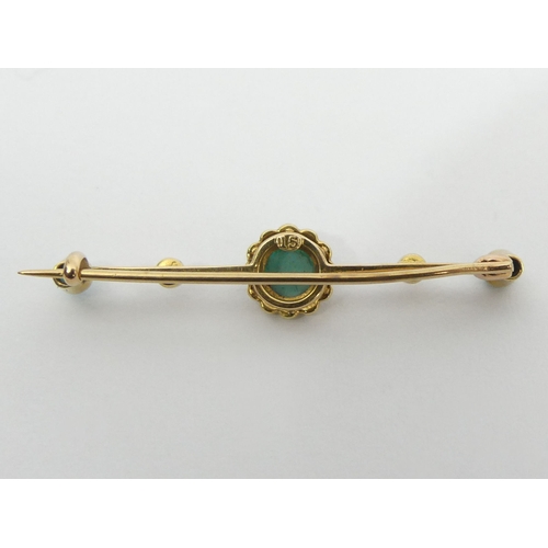 22 - 15ct gold seed pearl and turquoise bar brooch, 1.7 grams, 38mm x 7.5mm. UK Postage £12.