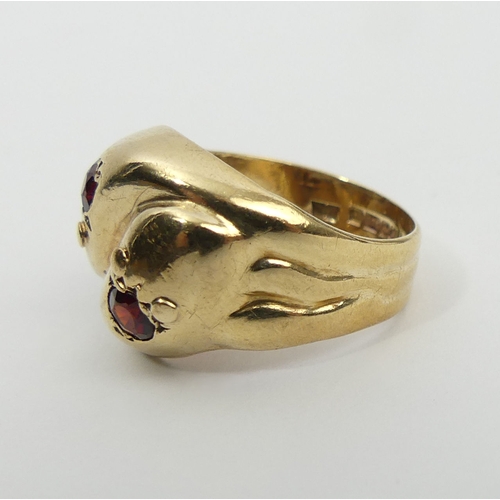 6 - 9ct gold snake head design ring with garnet eyes, Birm. 1975, 4.3 grams, 14.6mm, size L. UK Postage ... 