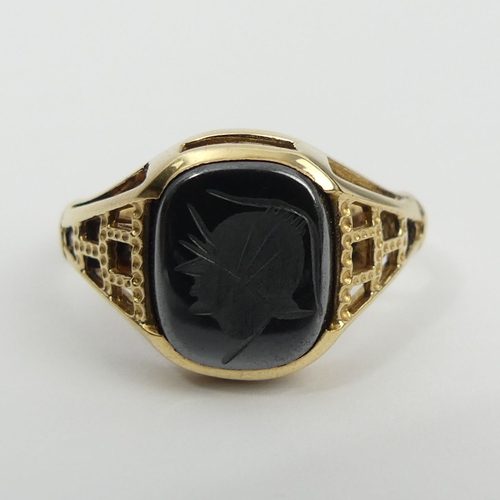 7 - 9ct gold intaglio set adjustable size ring, 4 grams, 14mm, size T-X. UK Postage £12.