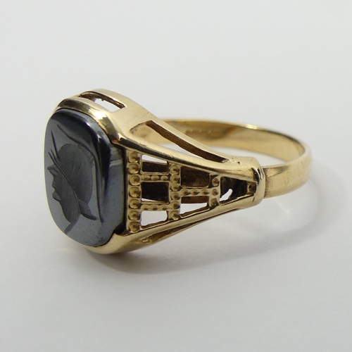 7 - 9ct gold intaglio set adjustable size ring, 4 grams, 14mm, size T-X. UK Postage £12.