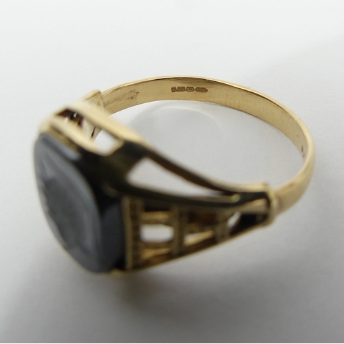 7 - 9ct gold intaglio set adjustable size ring, 4 grams, 14mm, size T-X. UK Postage £12.