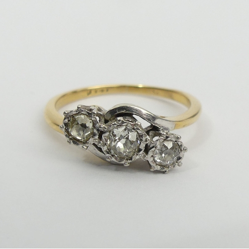 8 - 18ct gold three stone diamond ring (approx 1/2 ct), 3.8 grams, 7.5mm, size P1/2. UK Postage £12.