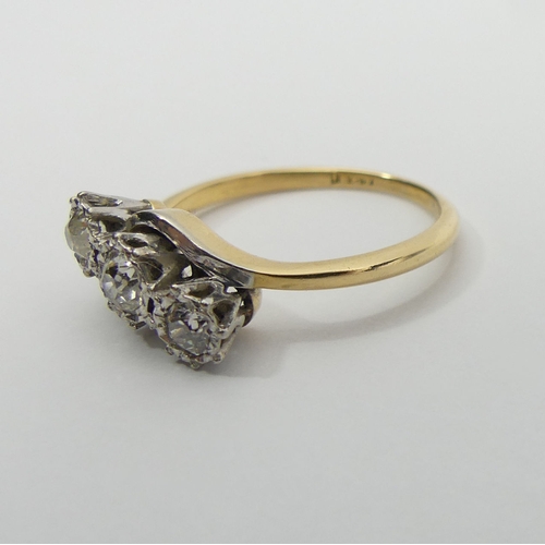 8 - 18ct gold three stone diamond ring (approx 1/2 ct), 3.8 grams, 7.5mm, size P1/2. UK Postage £12.