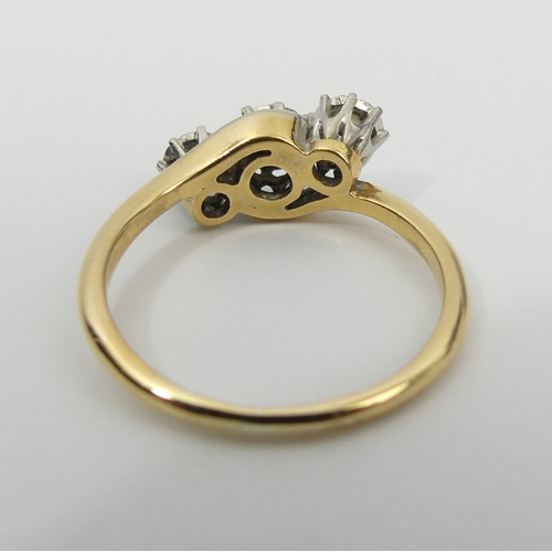 8 - 18ct gold three stone diamond ring (approx 1/2 ct), 3.8 grams, 7.5mm, size P1/2. UK Postage £12.