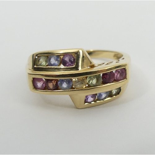 29 - 9ct gold multi-coloured gem set ring, 3.4 grams, 11mm, size O1/2. UK Postage £12.