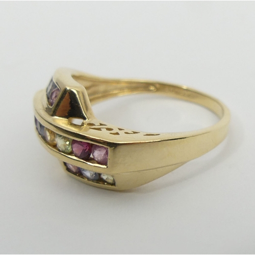 29 - 9ct gold multi-coloured gem set ring, 3.4 grams, 11mm, size O1/2. UK Postage £12.