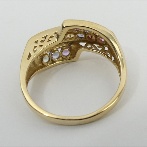 29 - 9ct gold multi-coloured gem set ring, 3.4 grams, 11mm, size O1/2. UK Postage £12.