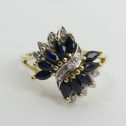 30 - 9ct gold sapphire and diamond ring, 3 grams, 16.1mm, size P. UK Postage £12.