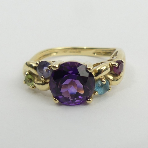 33 - 9ct gold amethyst, ruby, topaz, sapphire and peridot ring, 3 grams, 8mm, size M. UK Postage £12.