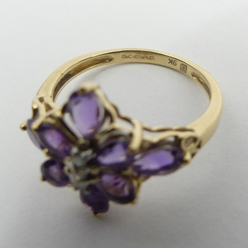 35 - 9ct gold amethyst and diamond ring, 2 grams, size M. UK Postage £12.