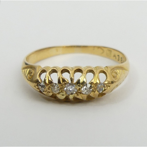 41 - 18ct gold five stone diamond ring, Chester 1913, 1.9 grams. UK Postage £12.