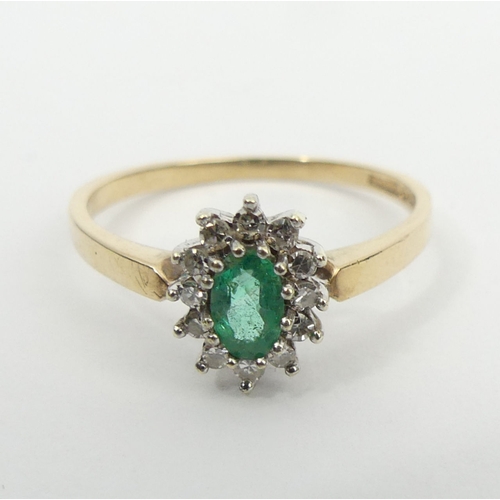 45 - 9ct gold emerald and diamond ring, 1.7 grams, 9.3mm, size N 1/2. UK Postage £12.