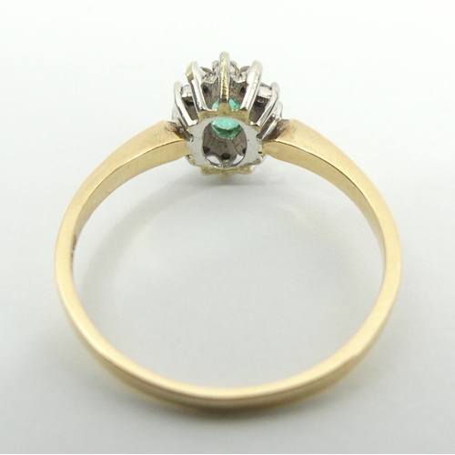 45 - 9ct gold emerald and diamond ring, 1.7 grams, 9.3mm, size N 1/2. UK Postage £12.