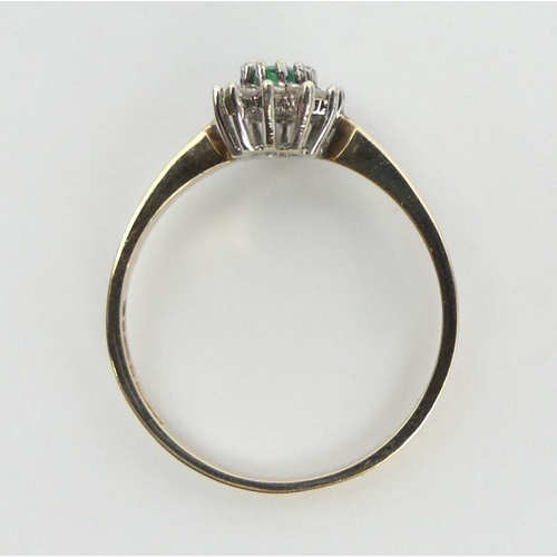 45 - 9ct gold emerald and diamond ring, 1.7 grams, 9.3mm, size N 1/2. UK Postage £12.