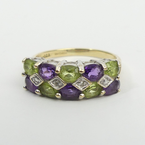 48 - 9ct gold peridot, amethyst and diamond ring, 2.4 grams, 6.6mm, size M 1/2. UK Postage £12.