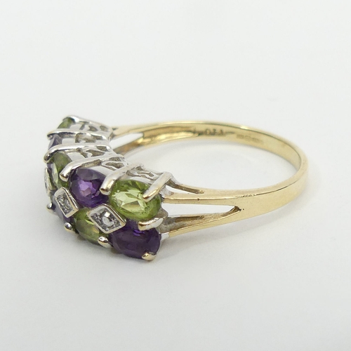 48 - 9ct gold peridot, amethyst and diamond ring, 2.4 grams, 6.6mm, size M 1/2. UK Postage £12.