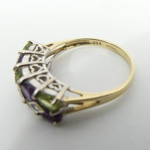 48 - 9ct gold peridot, amethyst and diamond ring, 2.4 grams, 6.6mm, size M 1/2. UK Postage £12.