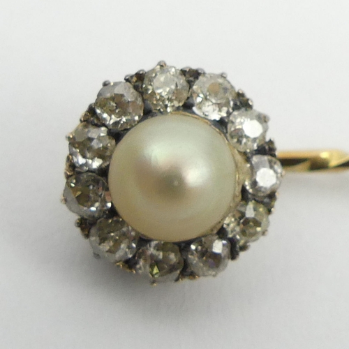 49 - Diamond and cultured pearl stick pin, boxed, and a 9ct gold stud, 4.6 grams gross, stick pin 58mm. U... 