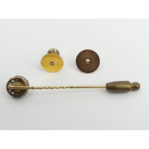 49 - Diamond and cultured pearl stick pin, boxed, and a 9ct gold stud, 4.6 grams gross, stick pin 58mm. U... 