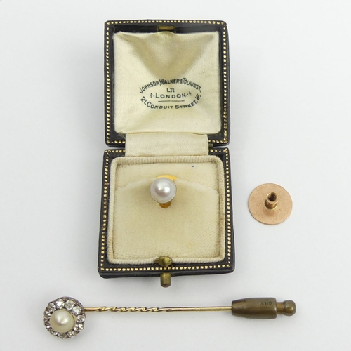 49 - Diamond and cultured pearl stick pin, boxed, and a 9ct gold stud, 4.6 grams gross, stick pin 58mm. U... 