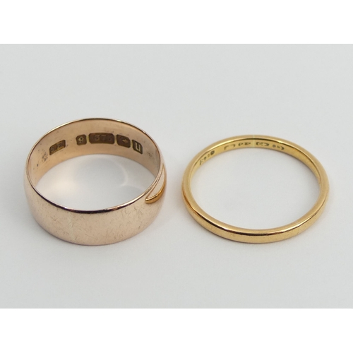 54 - 9ct rose gold wedding band, 2.8 grams and a 22ct gold example, 2 grams, both size L. UK Postage £12.