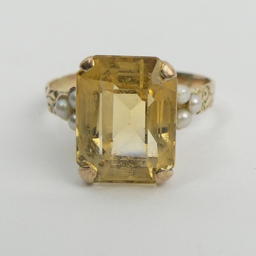 64 - Gold citrine and seed pearl ring, 2.4 grams, 11.1mm, size K. UK Postage £12.