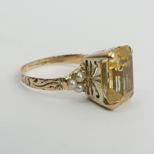 64 - Gold citrine and seed pearl ring, 2.4 grams, 11.1mm, size K. UK Postage £12.